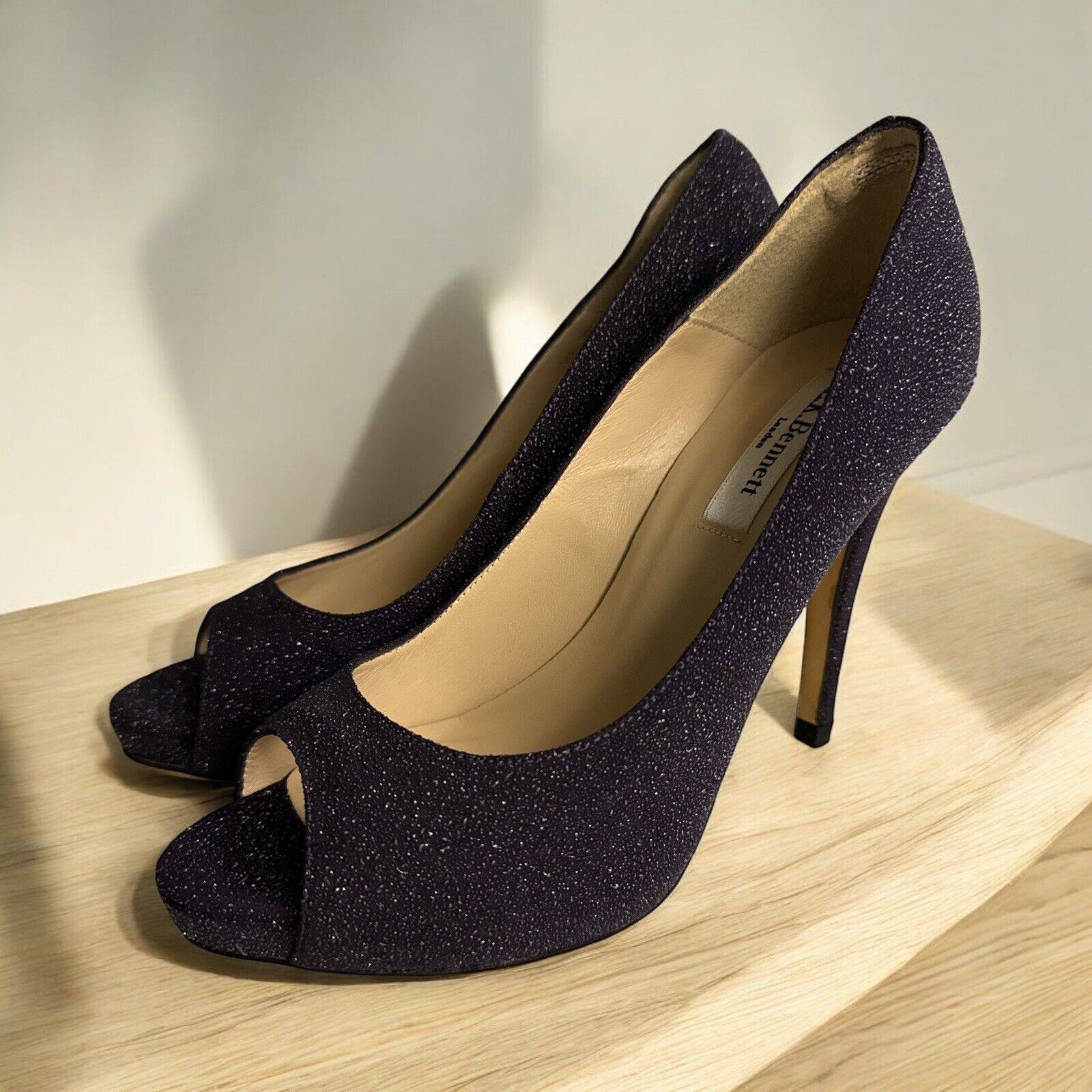 L.K.Bennett Plum Purple Glitter High Heel Open Toe Dressy Shoes Women’s Sz 37.5
